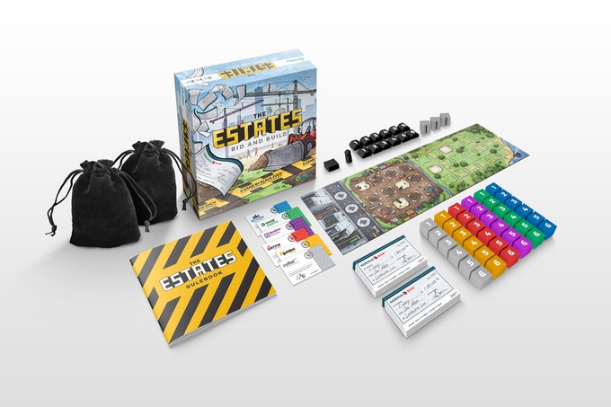 An overview of the game pieces without any stretch goals. A sticker sheet with color-specific patterns for the Floor cubes will be provided in each game!